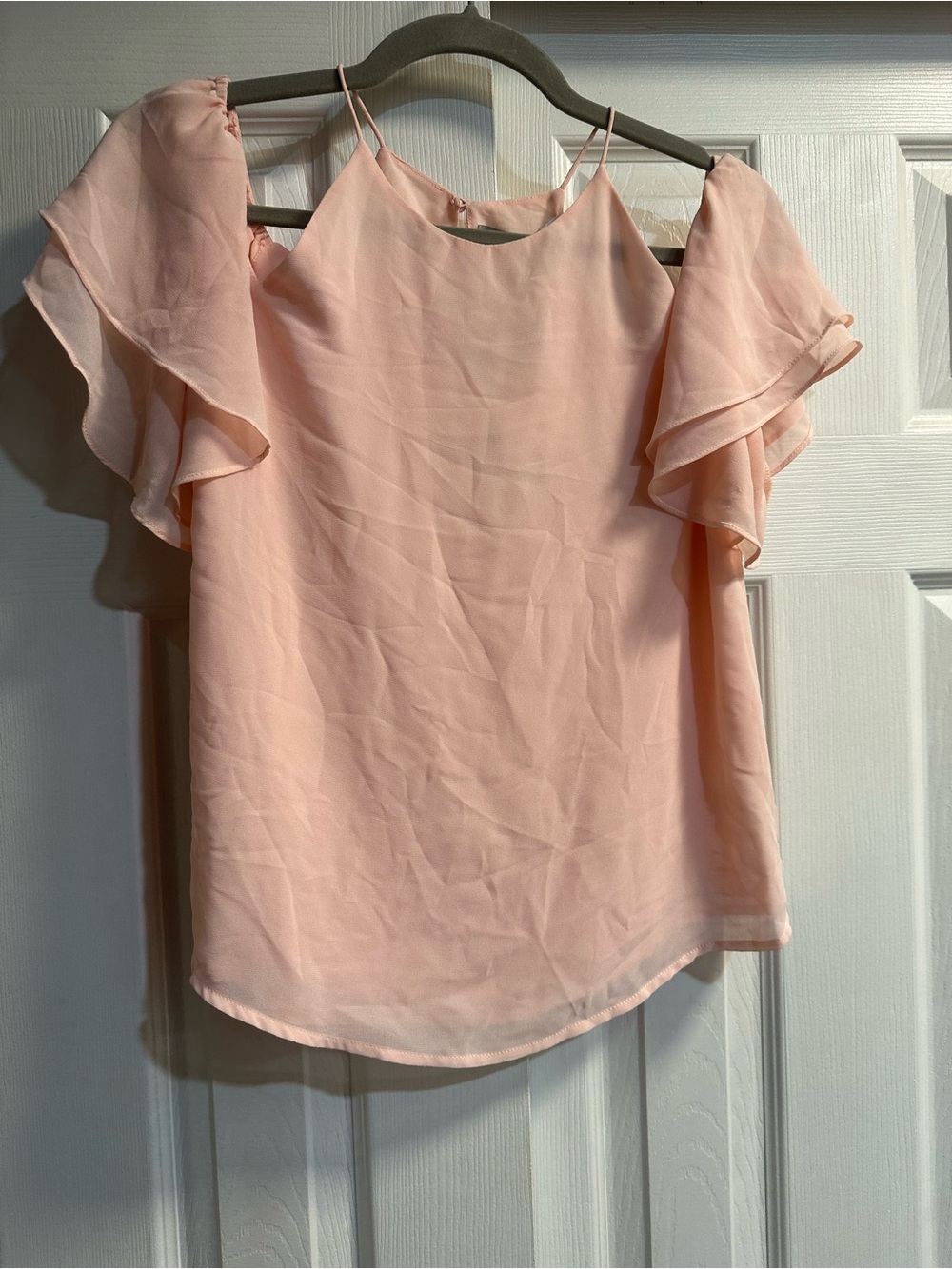 Naked Zebra Soft Blush Peach Cold-Shoulder Ruffle Top